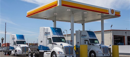 Hydrogen trucks parked at Shell garage