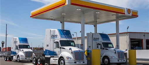 Hydrogen trucks parked at Shell garage