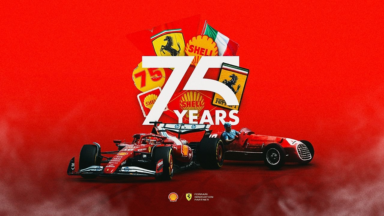 Shell and Ferrari 75 years key visual depicting modern and historic Shell and Ferrari race cars and emblems