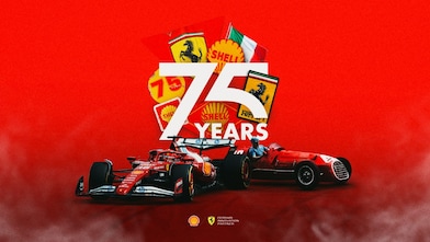 Shell and Ferrari 75 years key visual depicting modern and historic Shell and Ferrari race cars and emblems