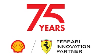 75 years logo with Shell and Ferrari innovation partner logos