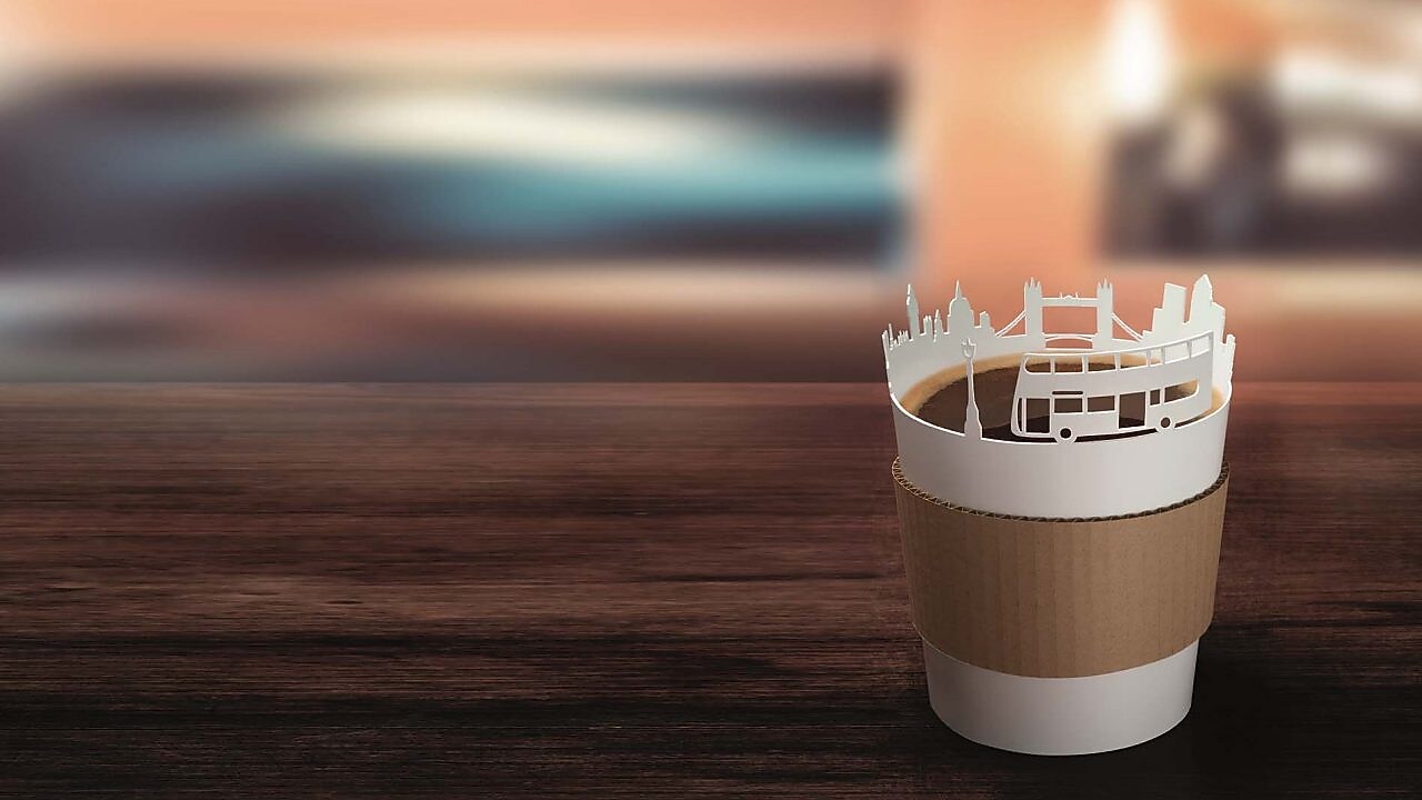 coffee cup with london landmarks bio bean make the future