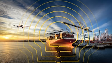 Cargo ship docked at a port with cranes and an aeroplane flying overhead at sunset, overlaid with yellow concentric line graphics.