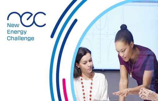New Energy Challenge logo with four colleagues—three women and one man—seated in an office discussion.