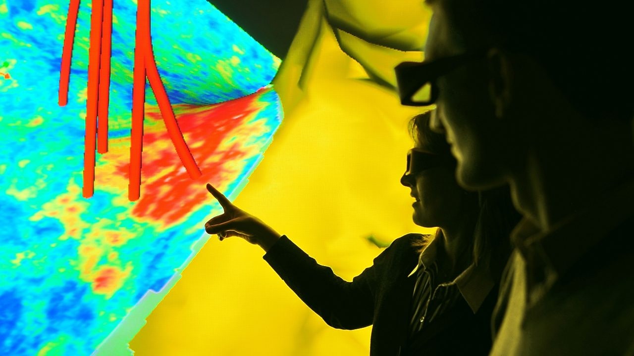 Seismic image displaying well trajectories showing how different sources of subsurface data can be integrated.