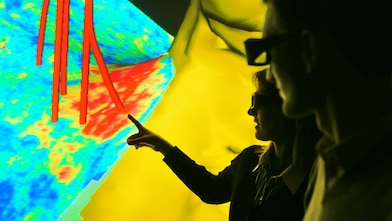 Seismic image displaying well trajectories showing how different sources of subsurface data can be integrated.