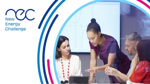 New Energy Challenge logo with four colleagues—three women and one man—seated in an office discussion.