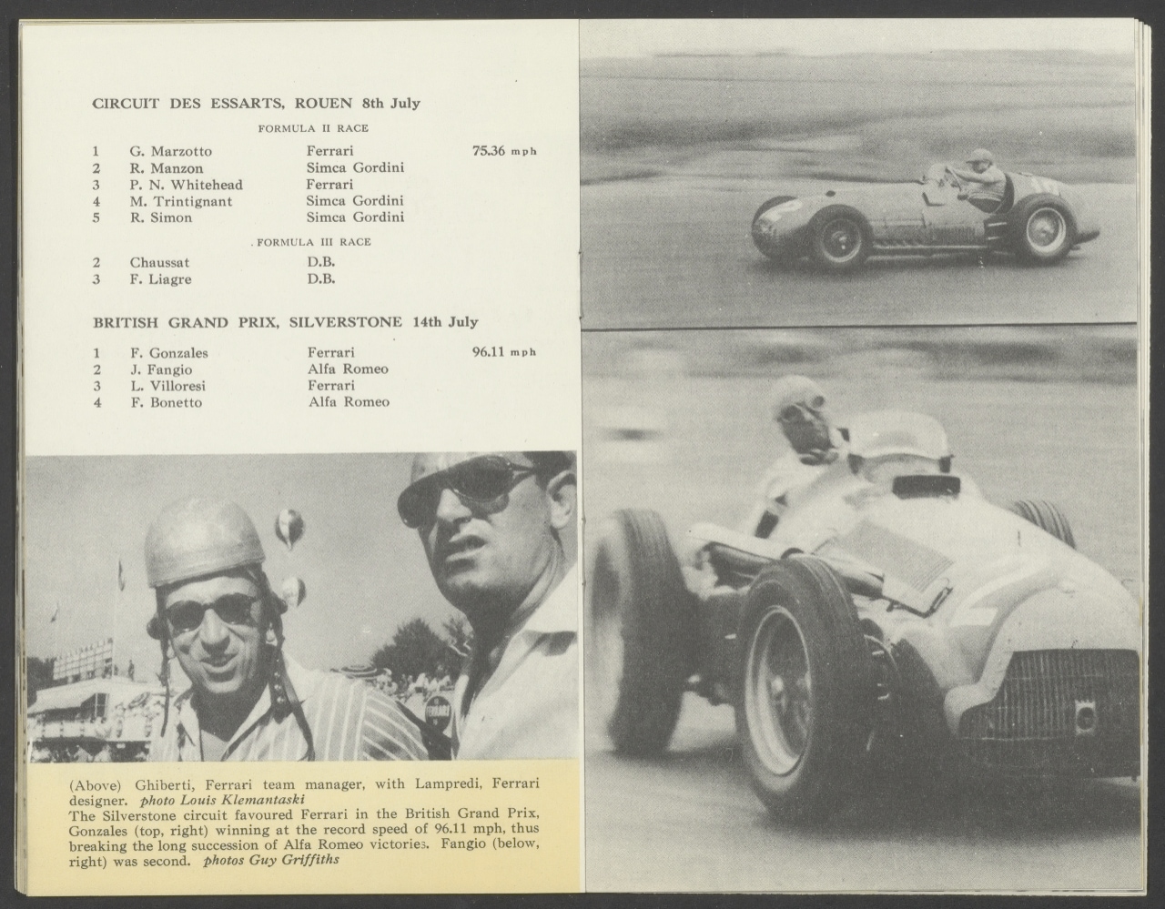 José Froilán González driving a Ferrari 375 F1 towards the finish line at Silverstone during the 1951 British Formula 1 Grand Prix.