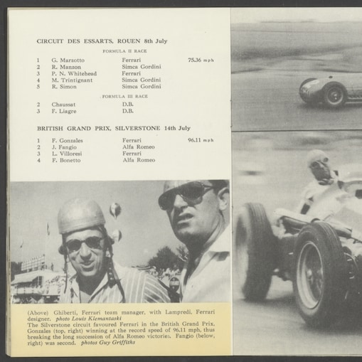 José Froilán González driving a Ferrari 375 F1 towards the finish line at Silverstone during the 1951 British Formula 1 Grand Prix.