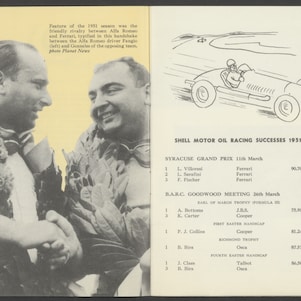 José Froilán González shaking hands with Alfa Romeo driver Juan Manuel Fangio after the 1951 British Formula 1 Grand Prix.