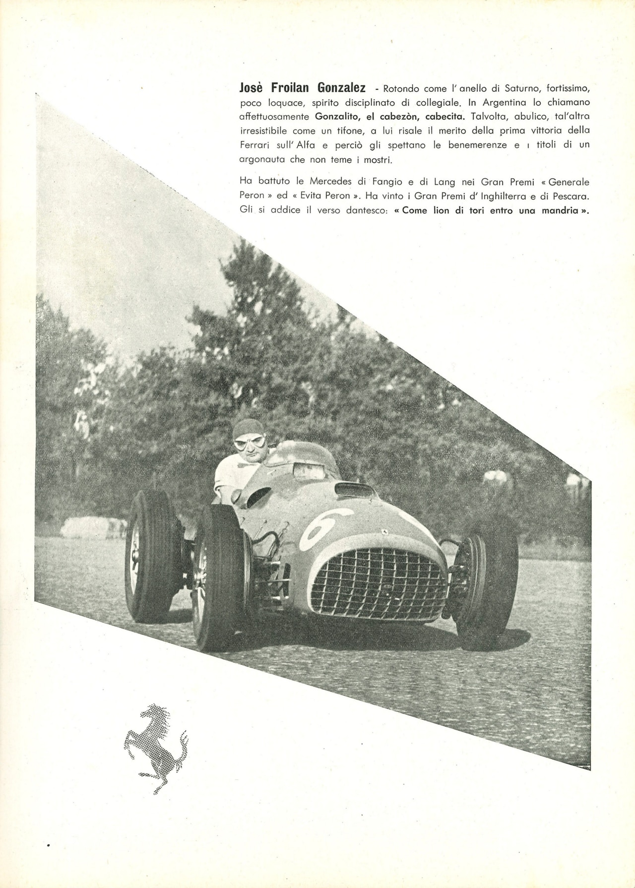 A publication featuring José Froilán González and an article celebrating his Formula 1 victory at the 1951 British Grand Prix at Silverstone.