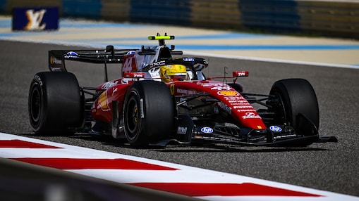 A first look at Lewis Hamilton (44) in the SF-26 during 2026 Bahrain pre-season testing, powered by the new 2026 Shell V-Power Race Fuel