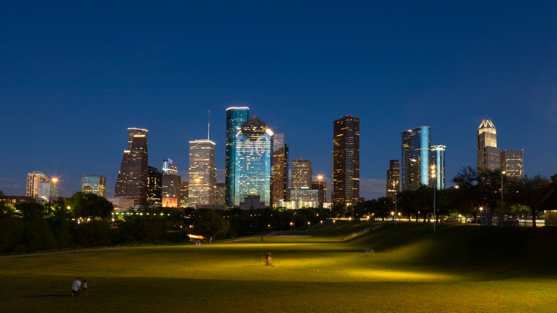 The Houston skyline from Tinsley Park, set against the blue of the sky following sunset (Photo: Menno Hartemink)