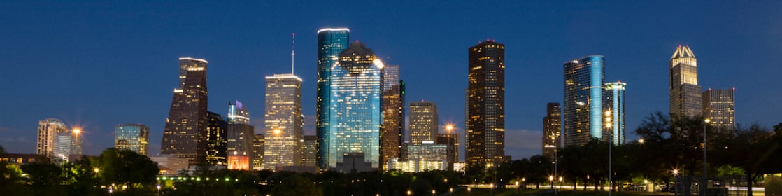 The Houston skyline from Tinsley Park, set against the blue of the sky following sunset (Photo: Menno Hartemink)