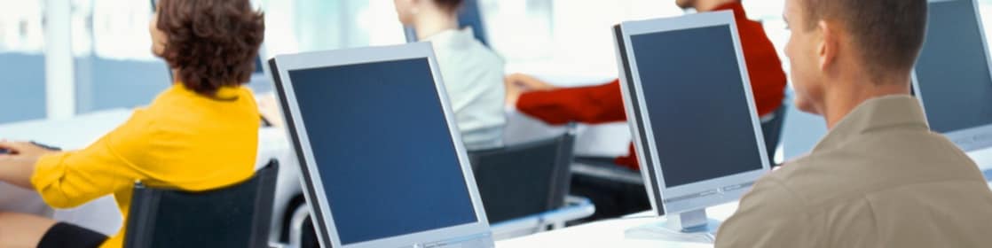 Employees using computers in an office