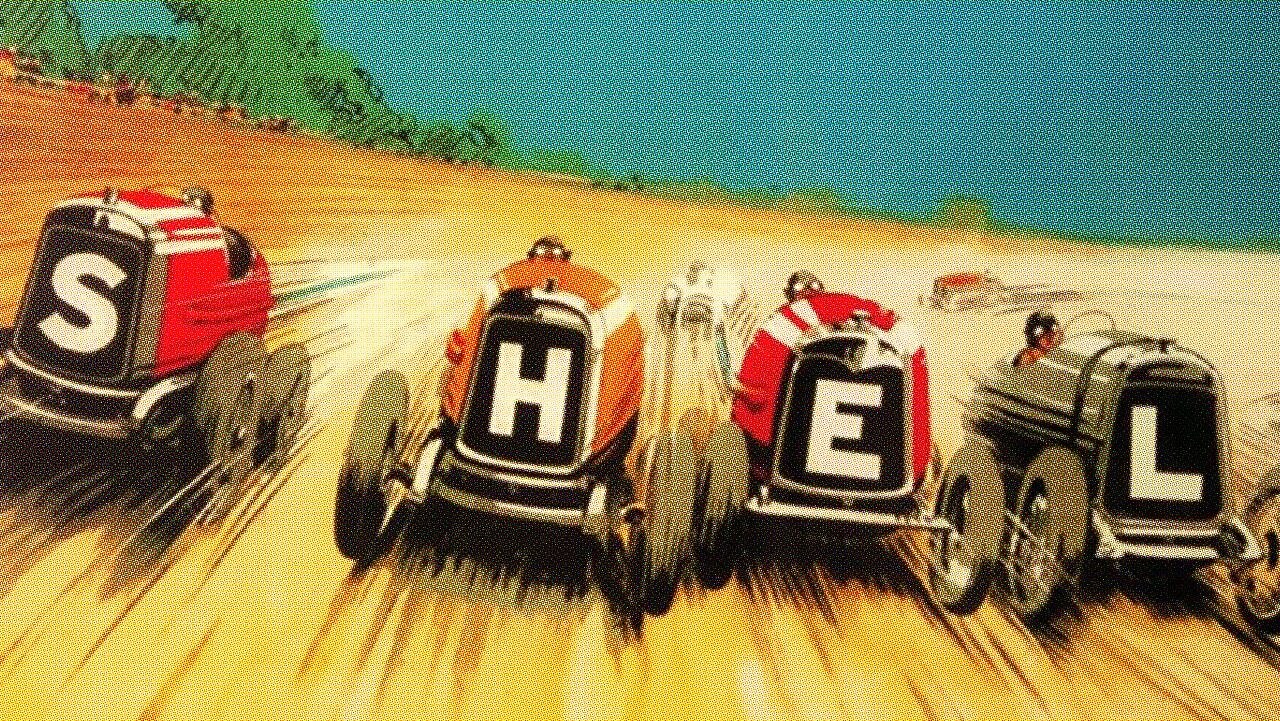 Vintage illustration of racing cars spelling the word Shell