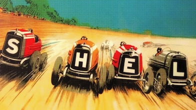 Vintage illustration of racing cars spelling the word Shell