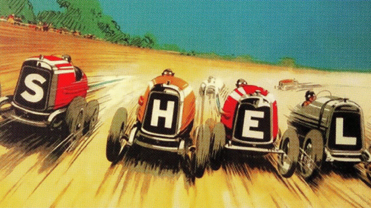 Vintage illustration of racing cars spelling the word Shell