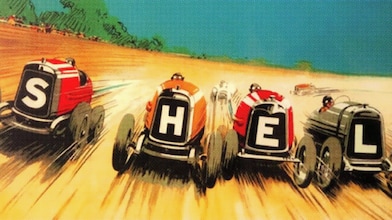 Vintage illustration of racing cars spelling the word Shell