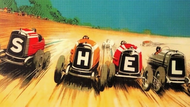 Vintage illustration of racing cars spelling the word Shell
