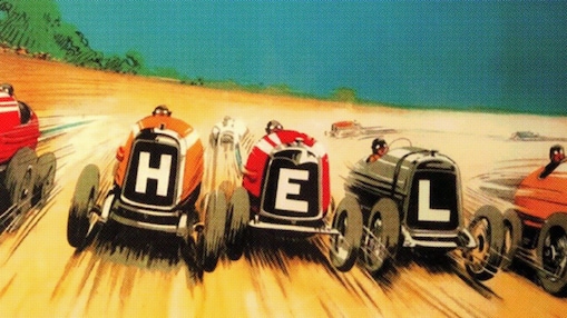 Vintage illustration of racing cars spelling the word Shell