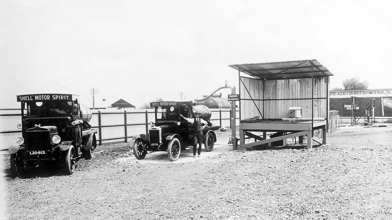 Black and White photo of Shell Motor Spirit vehicles