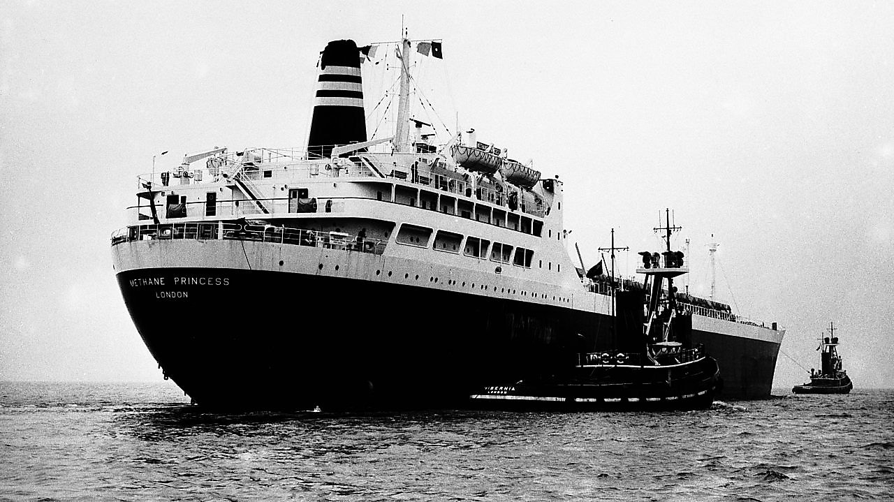 Black and white photo of SS Methane Princess in sea