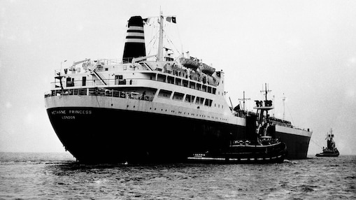 Black and white photo of SS Methane Princess in sea