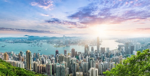 City scape sunrise over Victoria Harbor