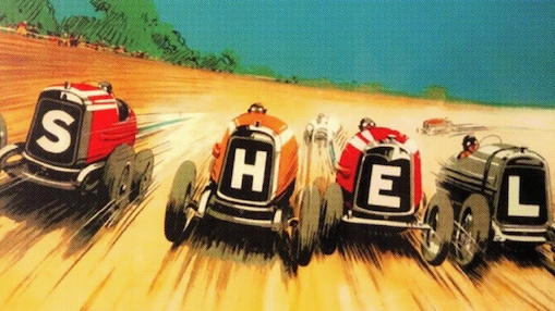 Vintage illustration of racing cars spelling the word Shell