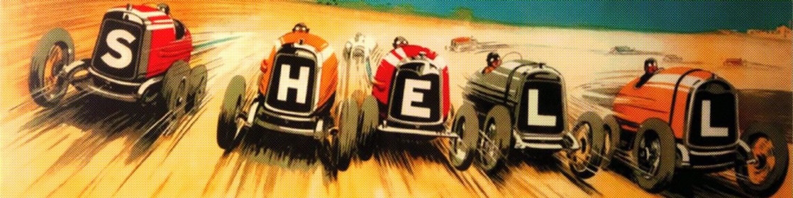 Vintage illustration of racing cars spelling the word Shell